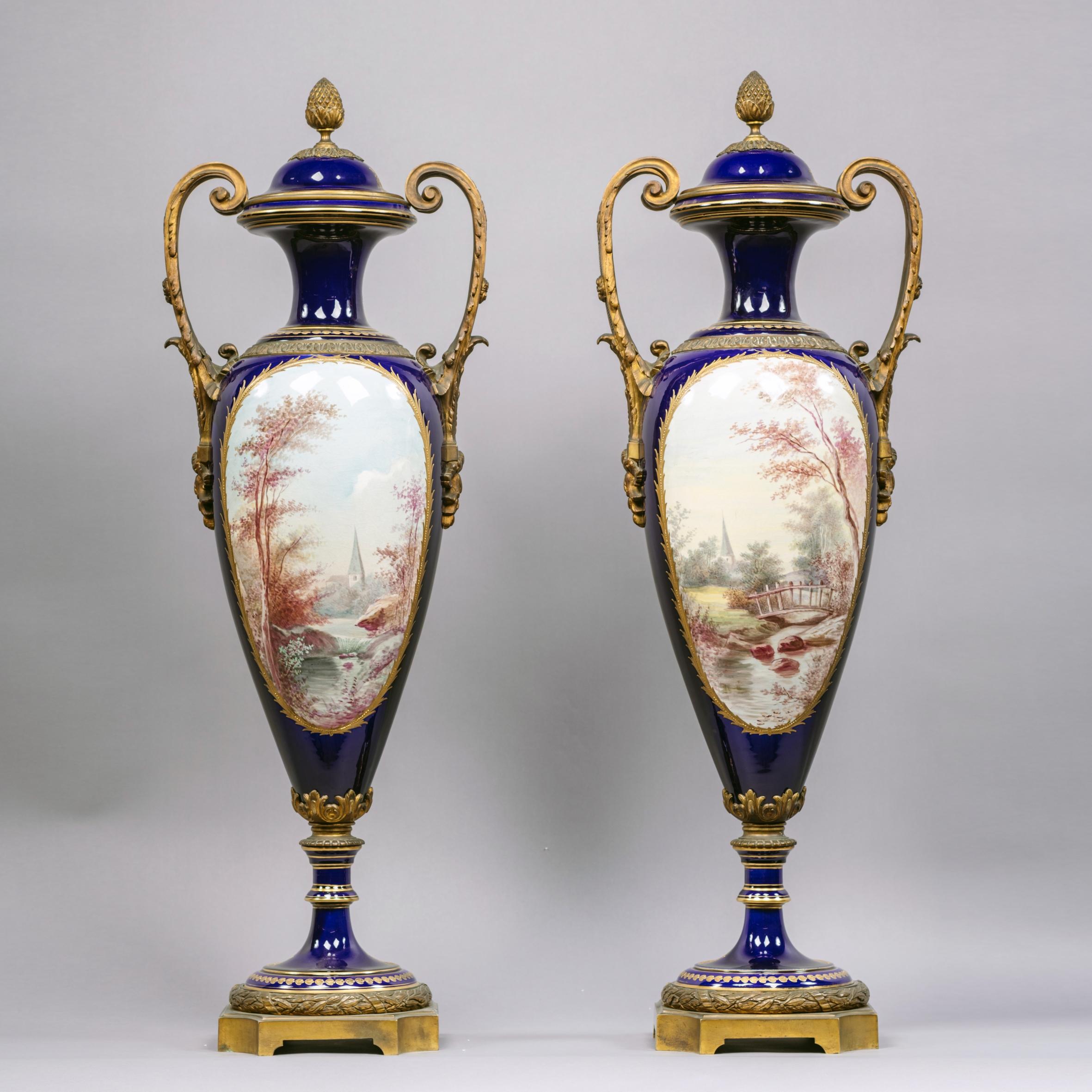 French Pair of Gilt-Bronze Sèvres Style Porcelain Vases and Covers For Sale