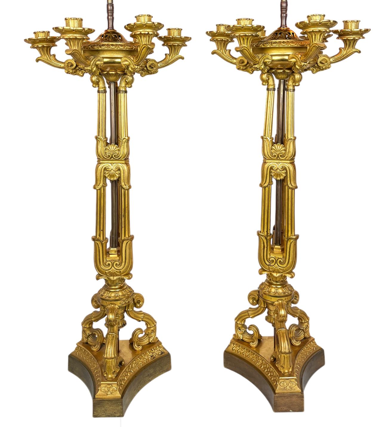Pareja de candelabros neoclásicos de bronce dorado de seis luces montados como lámparas 

Siglo XIX 

Dimensiones:

Candelabro: 30,75