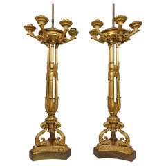 Pair of Gilt Bronze Six Light Neoclassical Candelabra, Mounted as Lamps