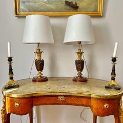 Pair of Gilt Bronze table Lamps with Red Marble Bases, 19th Century