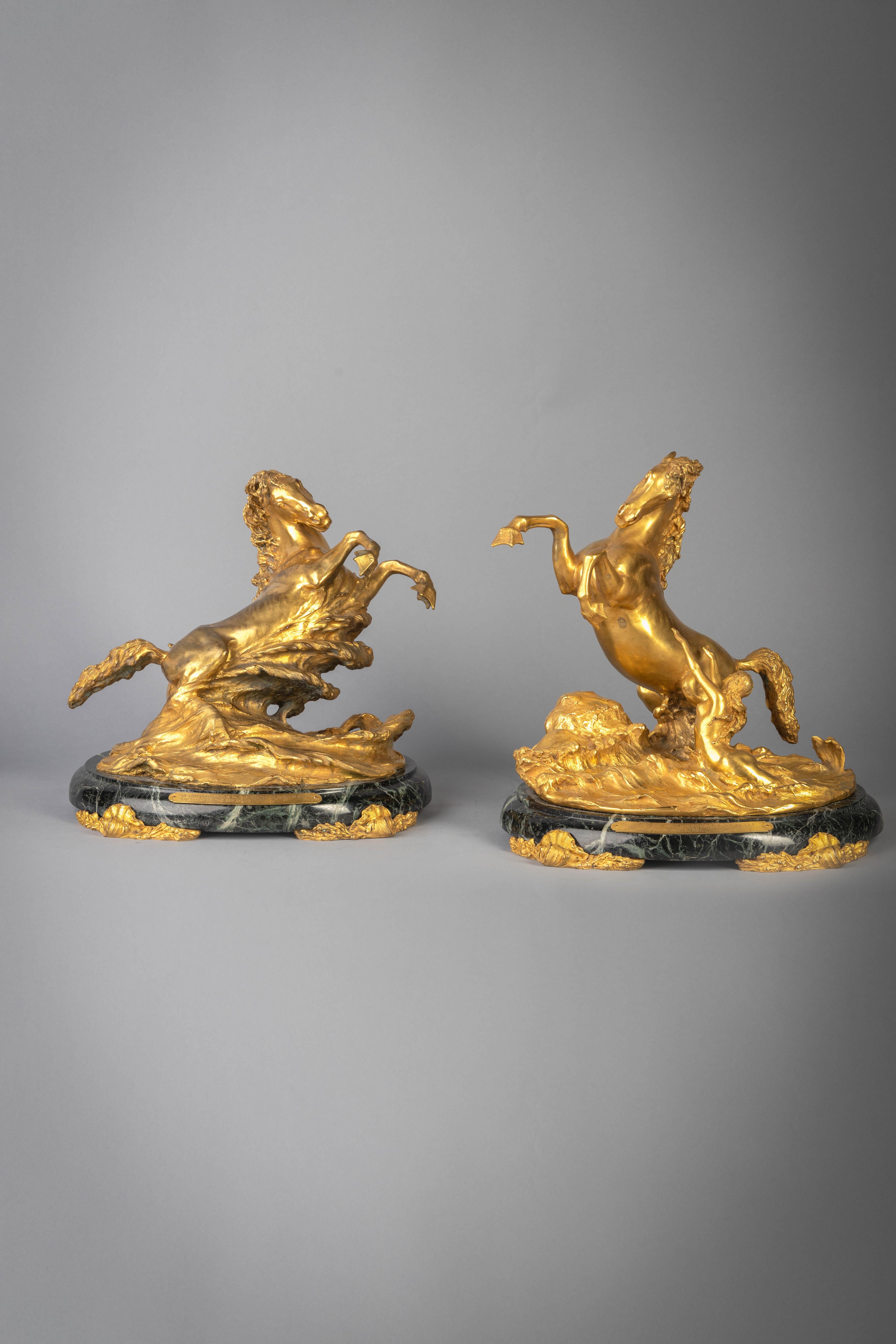 American Pair of Gilt Bronze Table Sea Horses on Marble, by E.F. Caldwell, circa 1900 For Sale