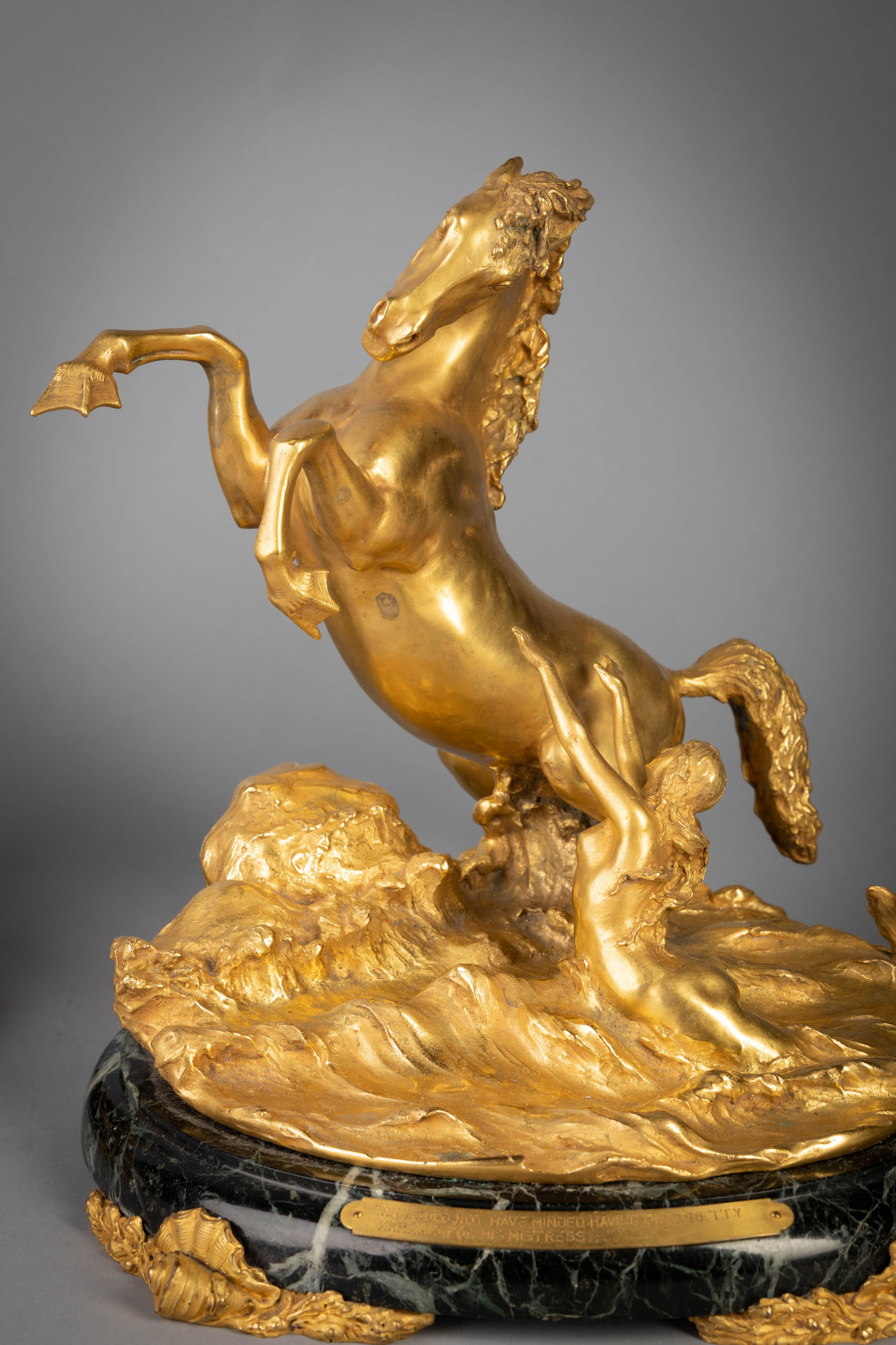 Pair of Gilt Bronze Table Sea Horses on Marble, by E.F. Caldwell, circa 1900 In Excellent Condition For Sale In New York, NY