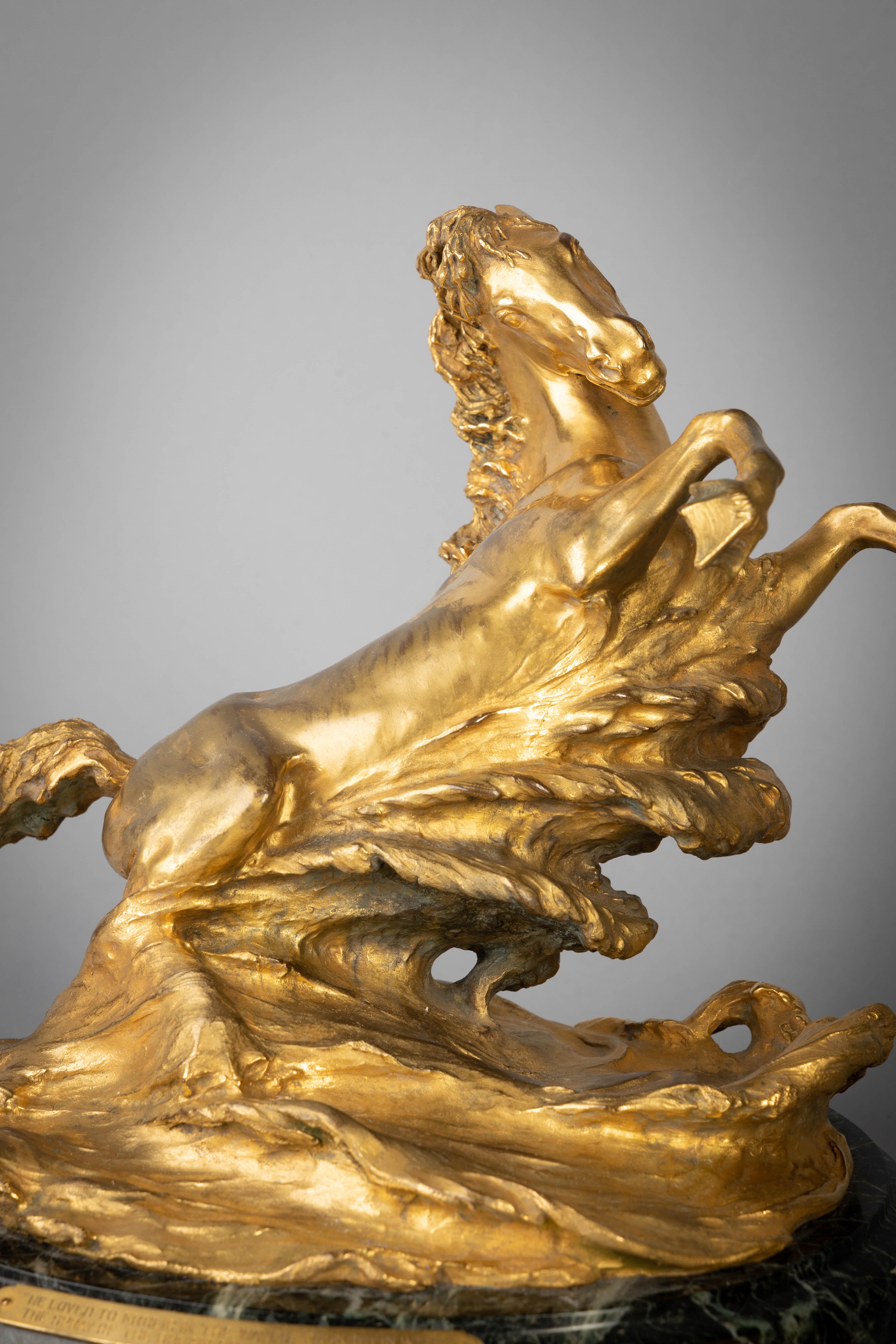 Early 20th Century Pair of Gilt Bronze Table Sea Horses on Marble, by E.F. Caldwell, circa 1900 For Sale