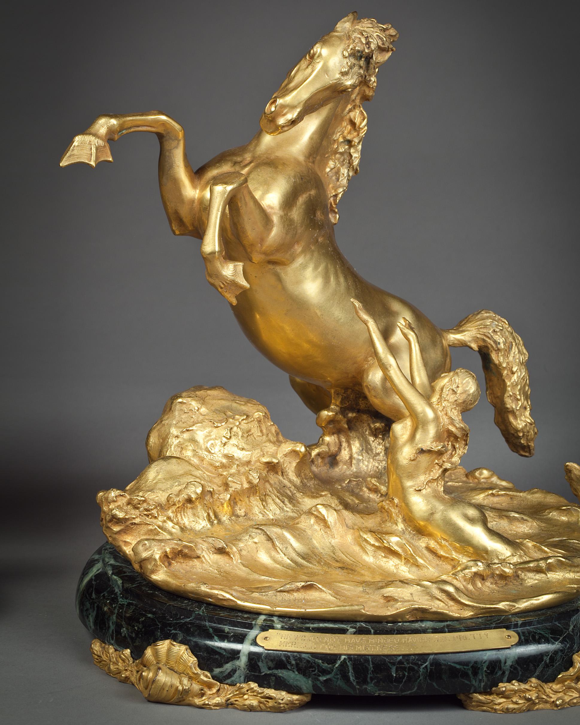 Pair of Gilt Bronze Table Sea Horses on Marble, by E.F. Caldwell, circa 1900 For Sale 4