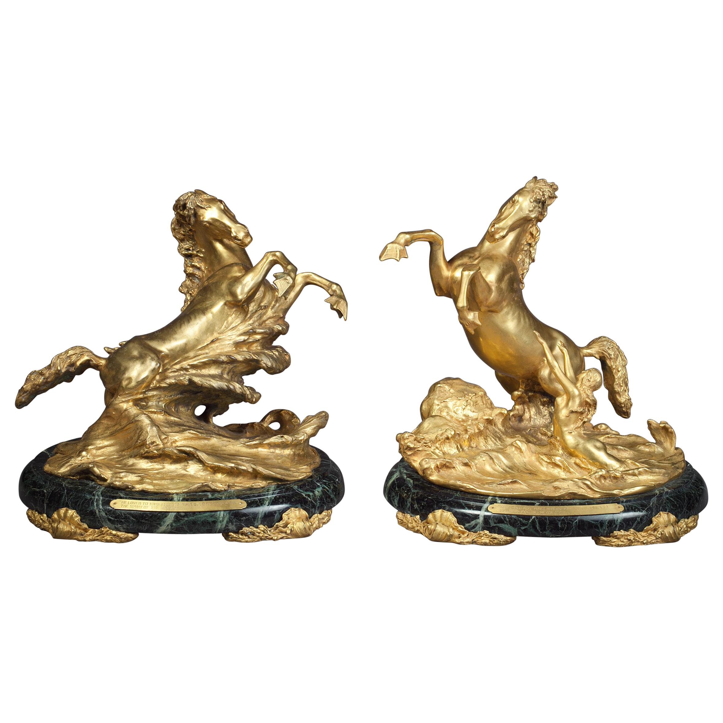 Pair of Gilt Bronze Table Sea Horses on Marble, by E.F. Caldwell, circa 1900 For Sale