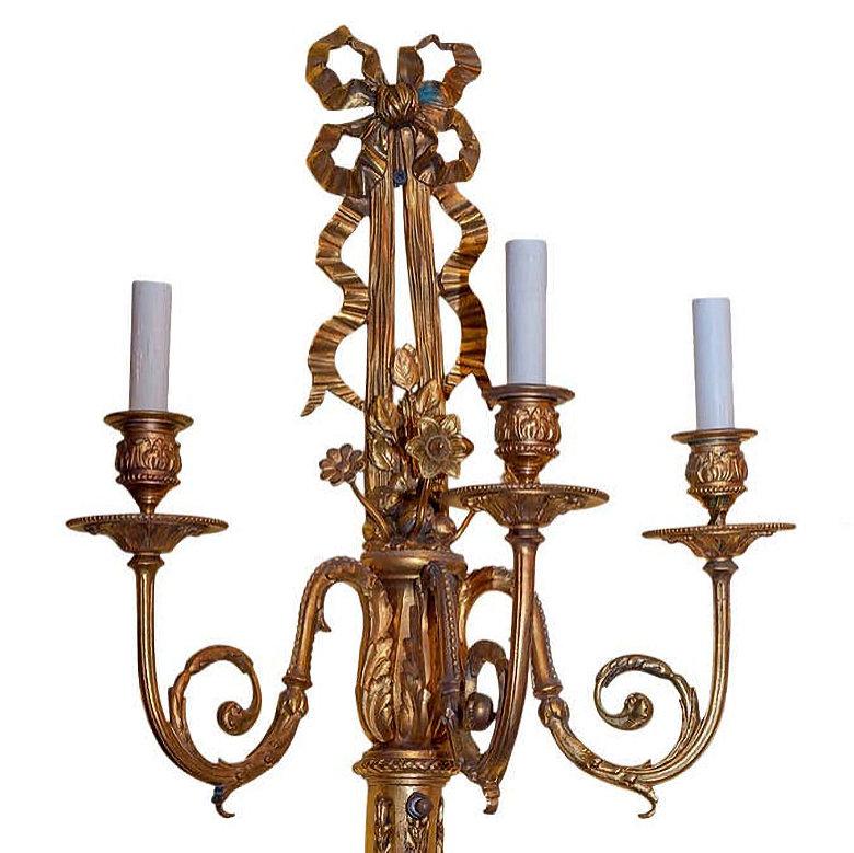 Pair of Gilt Bronze Three-Arm Louis XVI Style Wall Sconces
Stock Number: L266