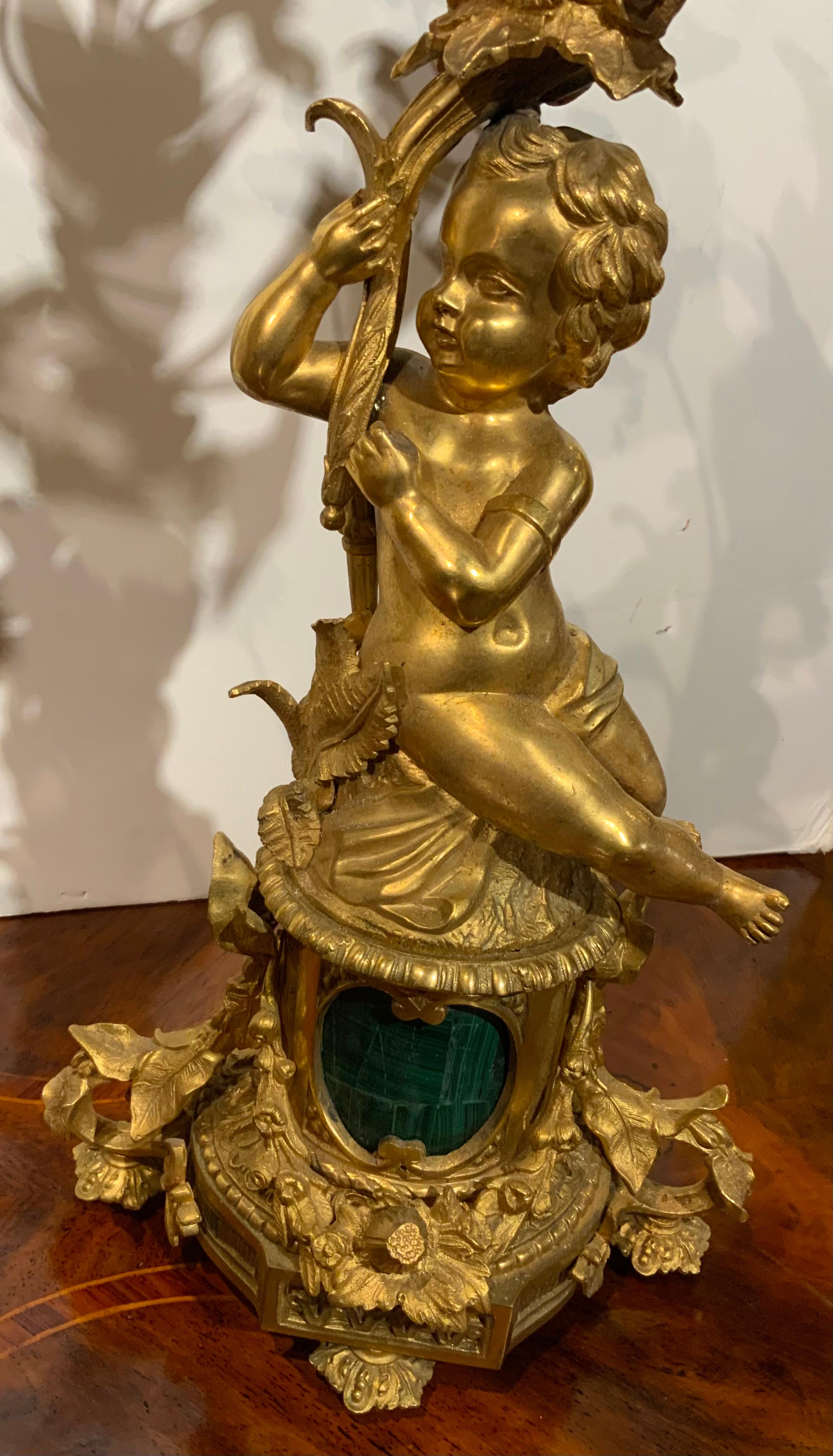 Pair of gilt bronze three lights each with putti, malachite centered at base For Sale 3