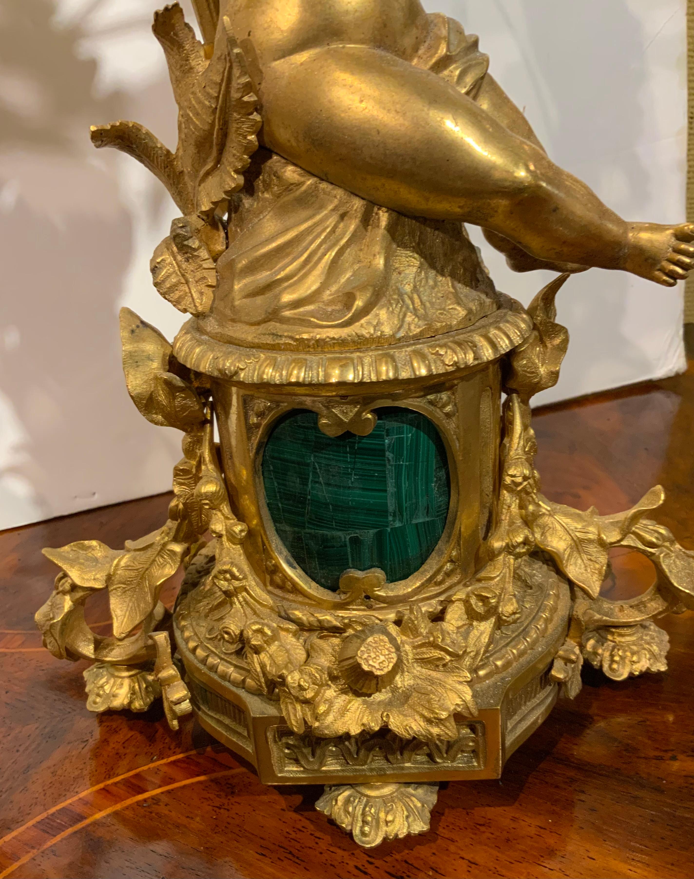 Pair of gilt bronze three lights each with putti, malachite centered at base For Sale 4