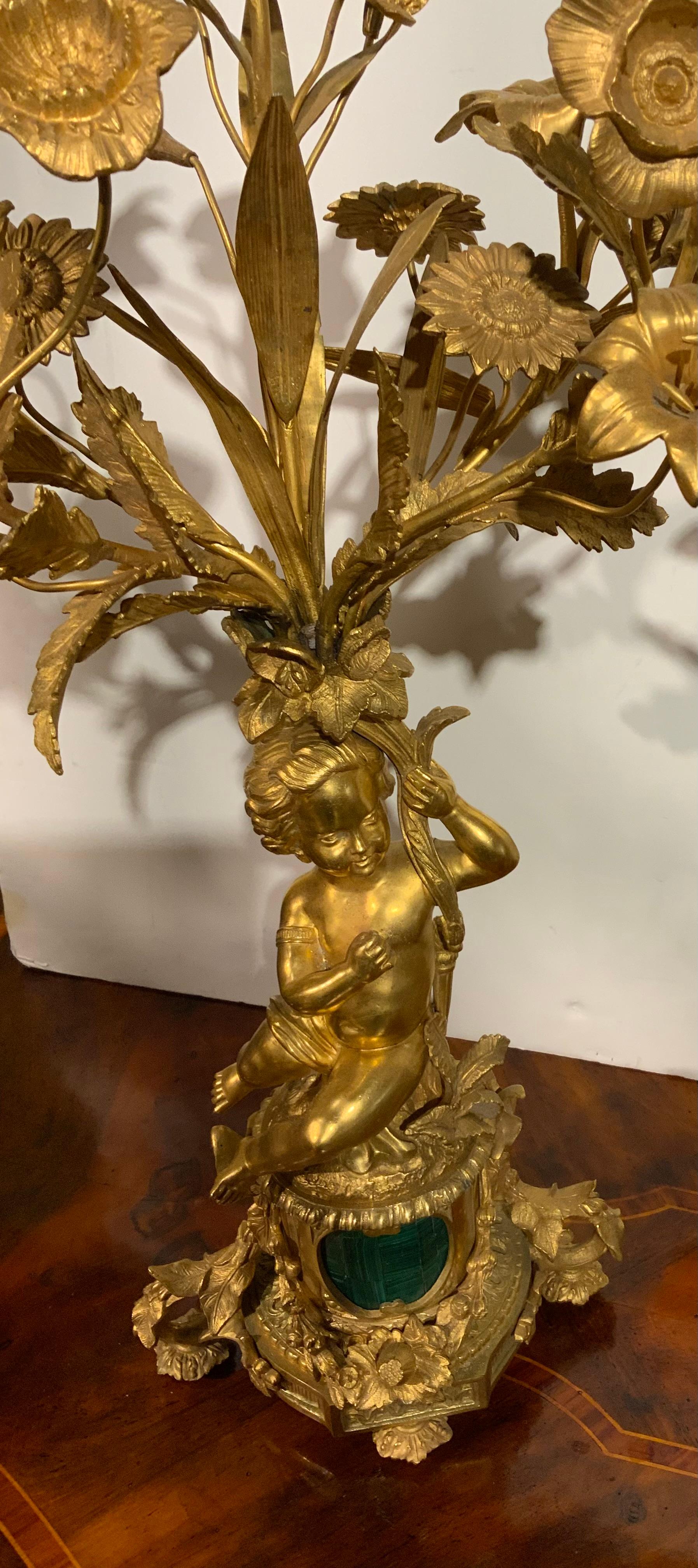 19th Century Pair of gilt bronze three lights each with putti, malachite centered at base For Sale