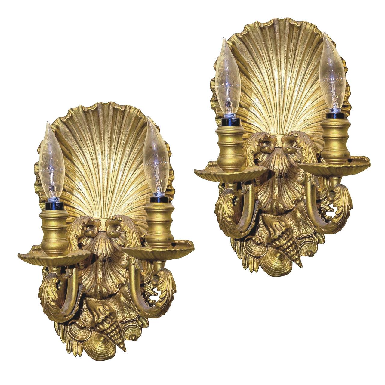 Neoclassical Pair of Gilt Bronze Two-Light Sconces with Scallop Shell Motif For Sale