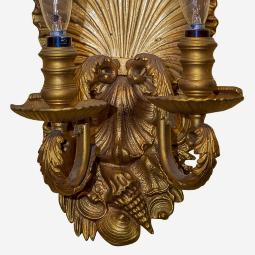20th Century Pair of Gilt Bronze Two-Light Sconces with Scallop Shell Motif For Sale