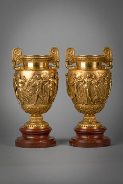 Pair of Gilt Bronze Vases on Marble Stands, circa 1870