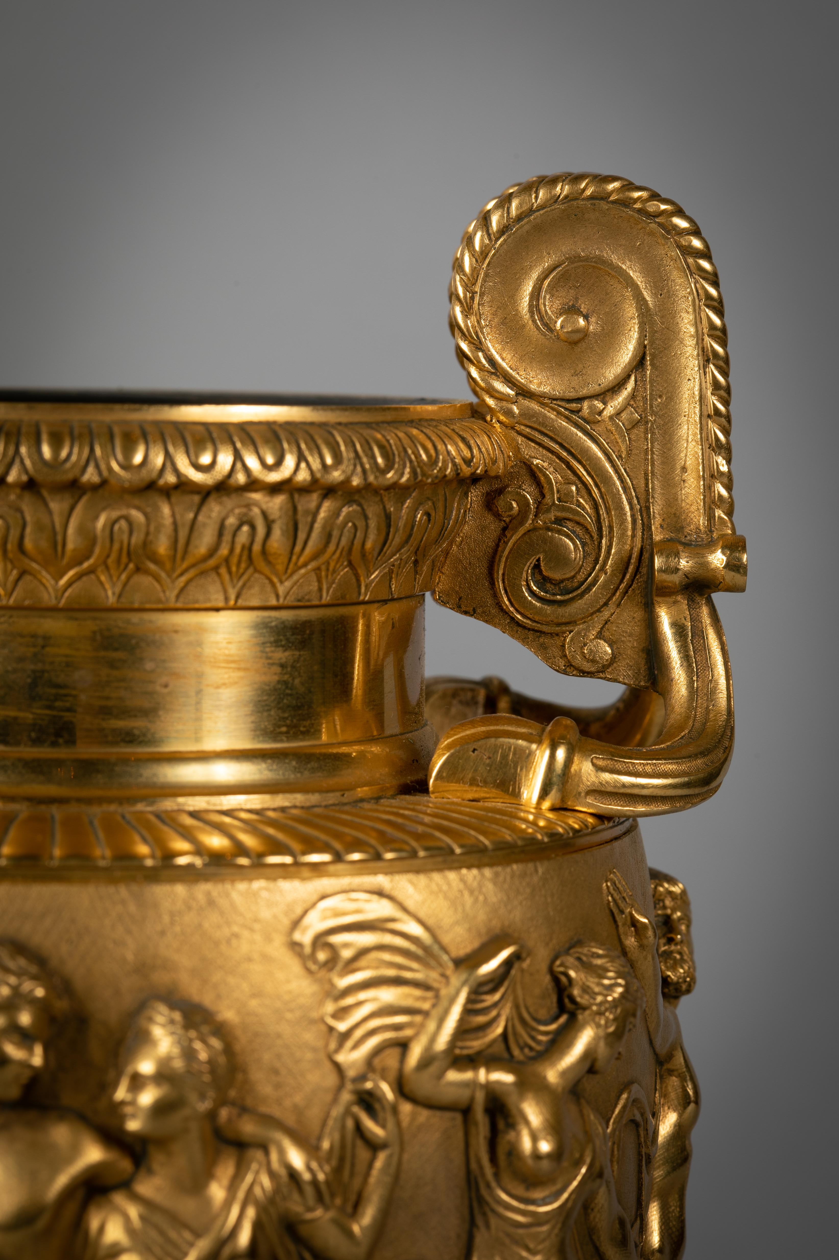 Pair of Gilt Bronze Vases on Marble Stands, circa 1870 In Excellent Condition For Sale In New York, NY