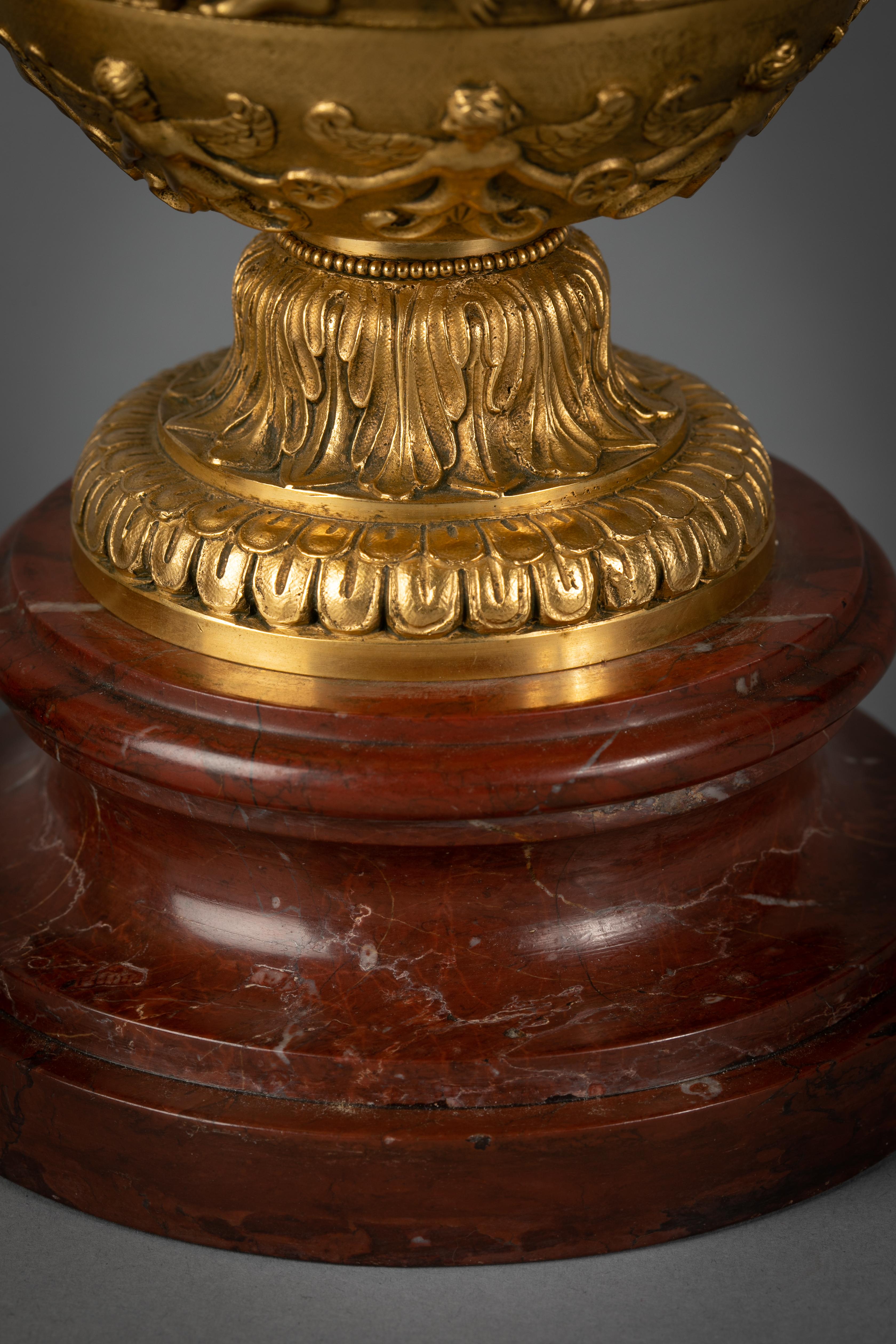 Pair of Gilt Bronze Vases on Marble Stands, circa 1870 For Sale 1
