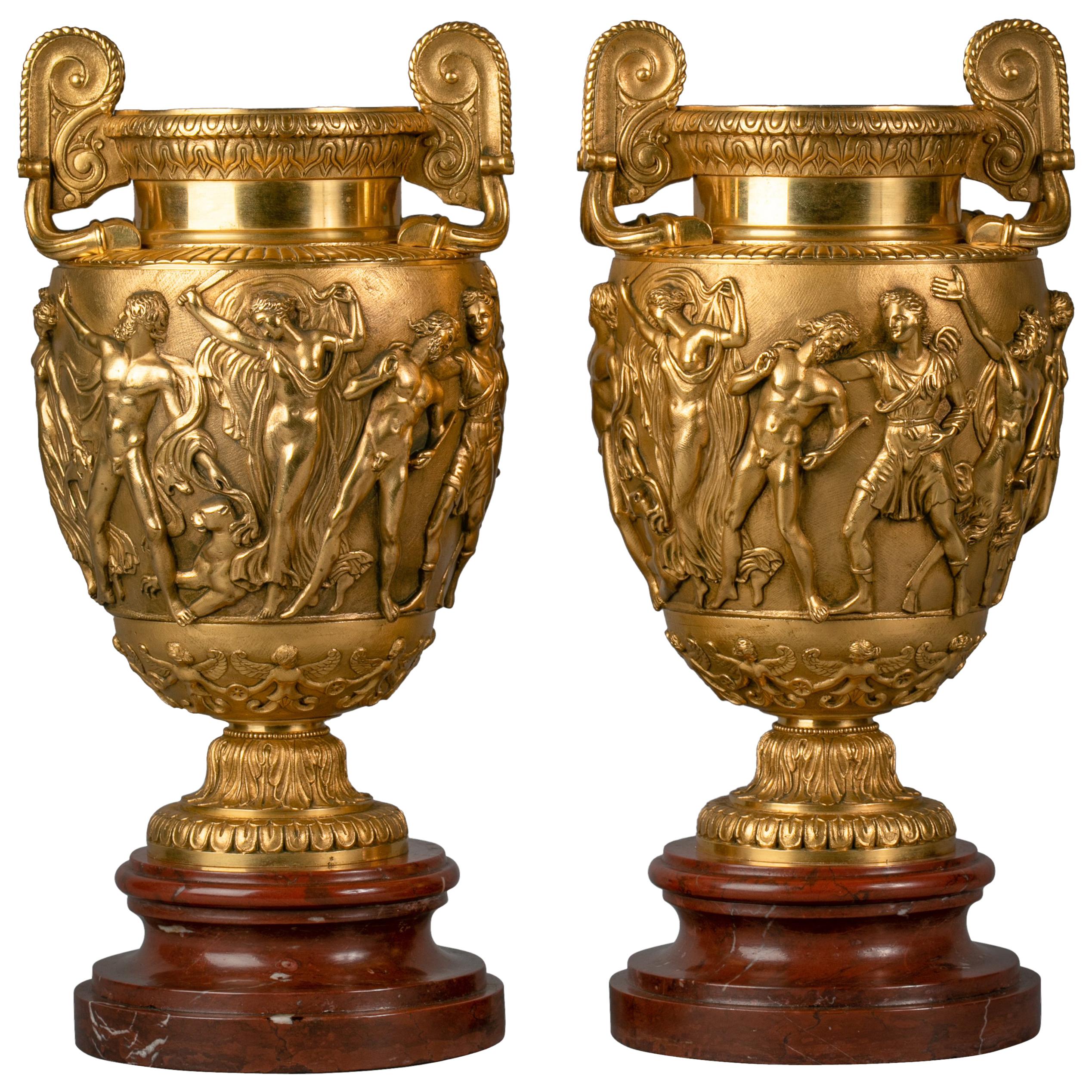 Pair of Gilt Bronze Vases on Marble Stands, circa 1870 For Sale