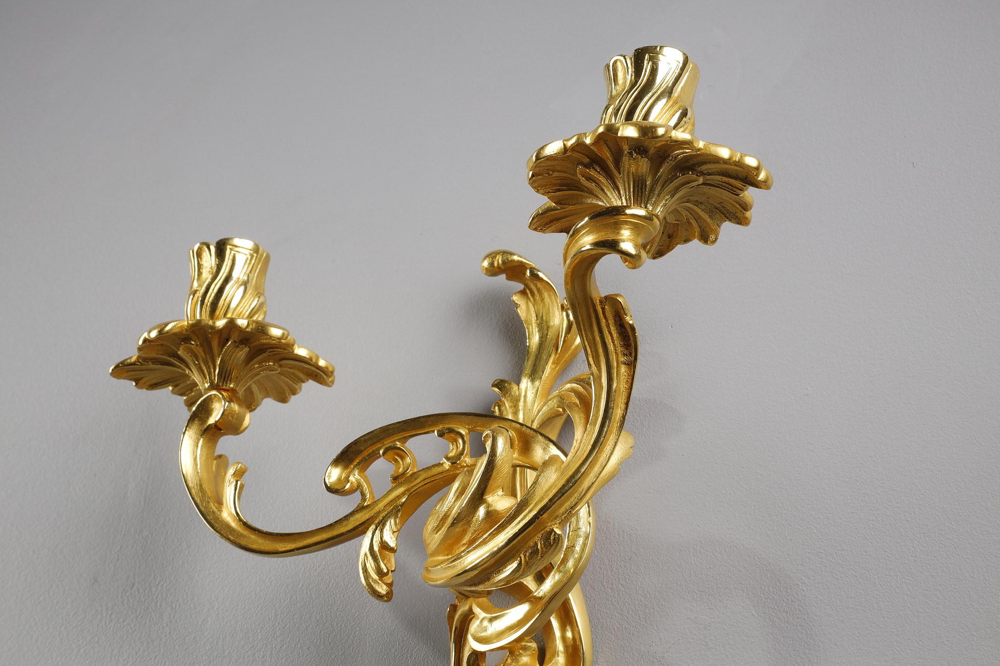 Louis XV Pair of Gilt Bronze Wall Candlesticks in Rocaille Style