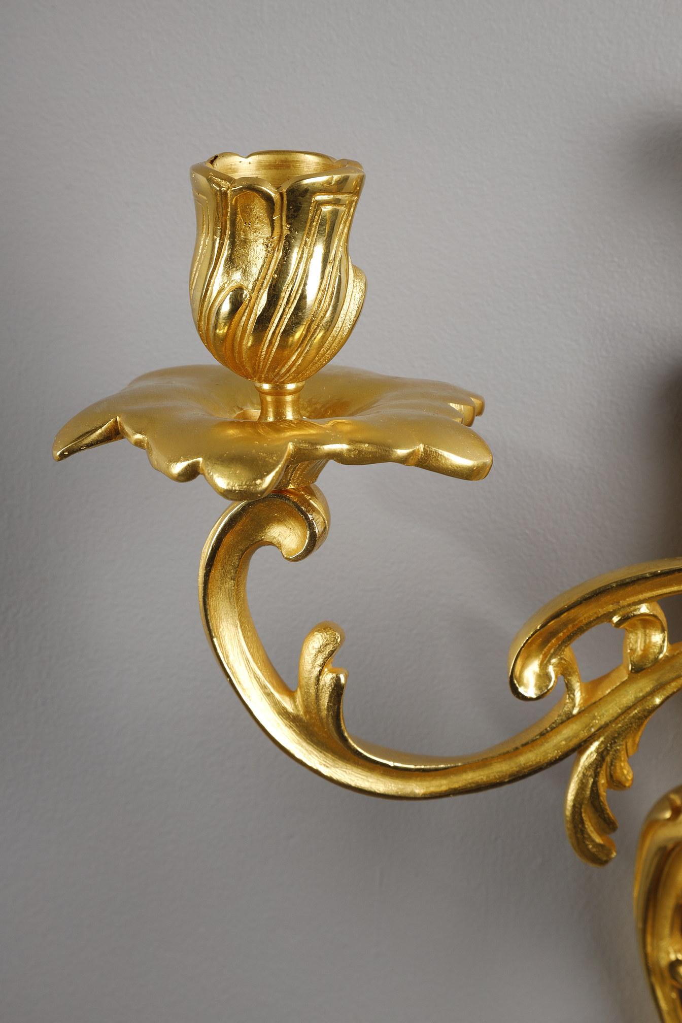 French Pair of Gilt Bronze Wall Candlesticks in Rocaille Style