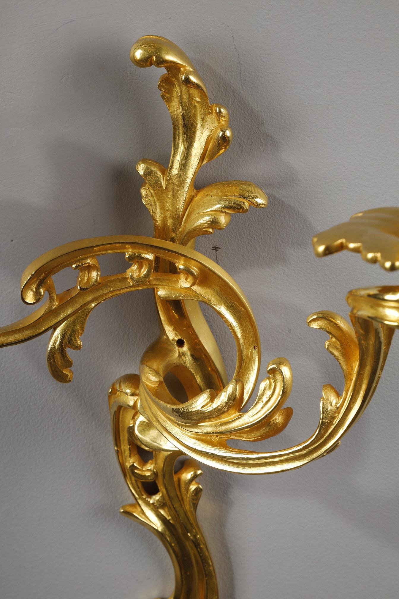Pair of Gilt Bronze Wall Candlesticks in Rocaille Style 1