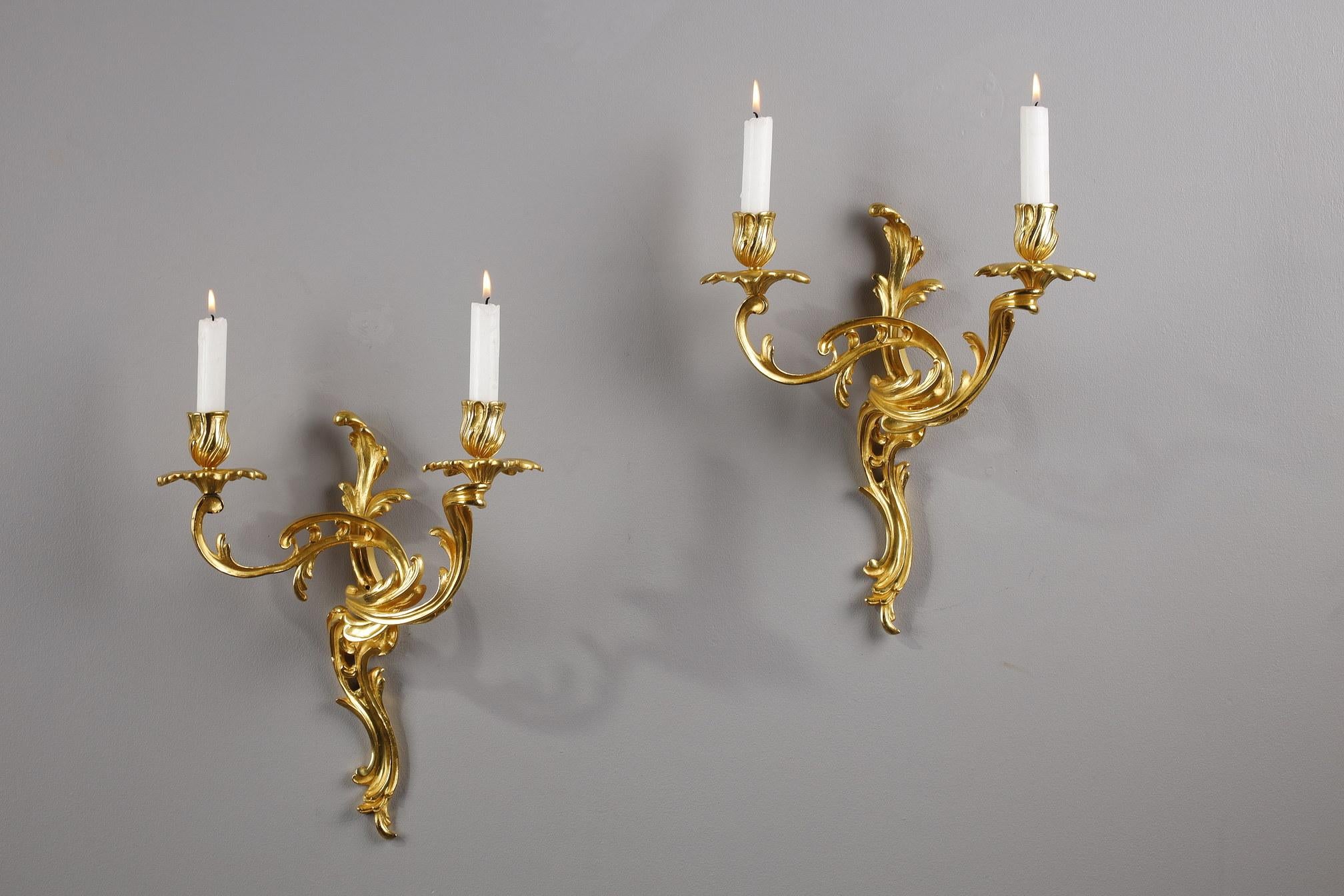 Pair of Gilt Bronze Wall Candlesticks in Rocaille Style 2
