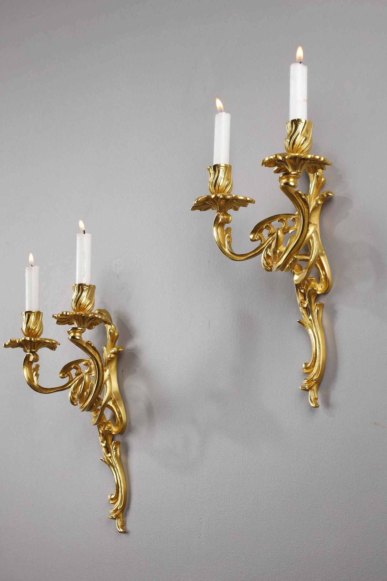 Pair of Gilt Bronze Wall Candlesticks in Rocaille Style 3