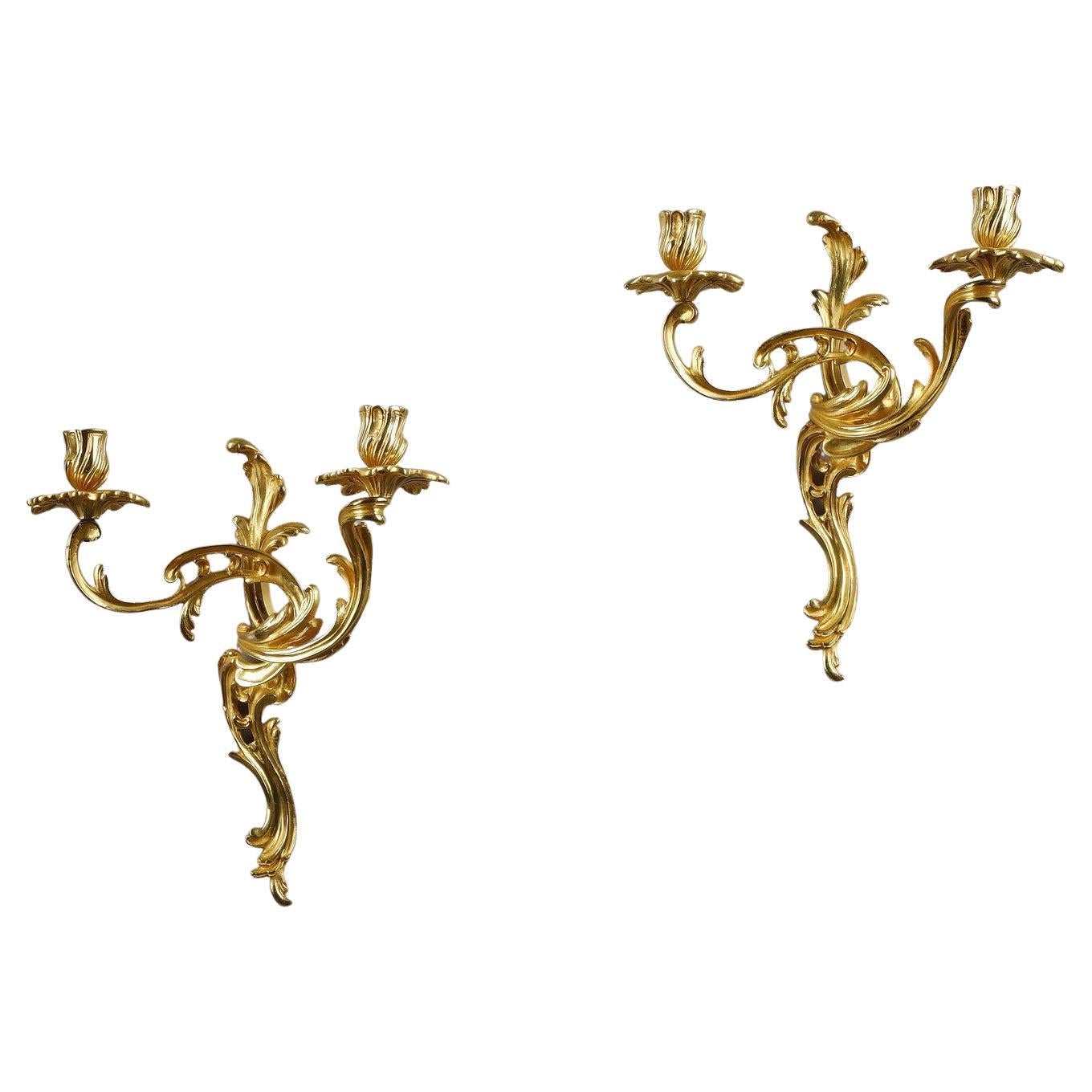 Pair of Gilt Bronze Wall Candlesticks in Rocaille Style