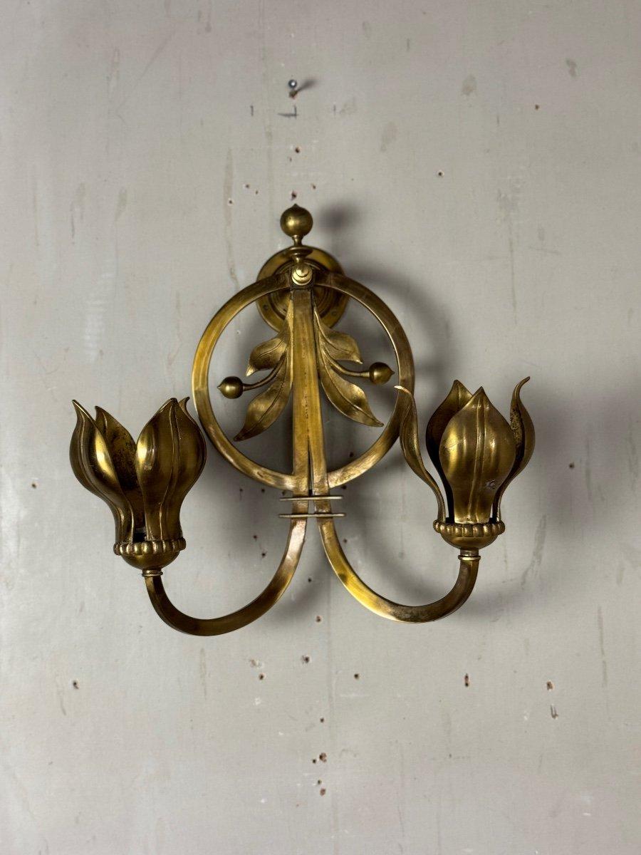 Art Nouveau Coppia di lampade da parete in bronzo dorato, circa 1900 in vendita
