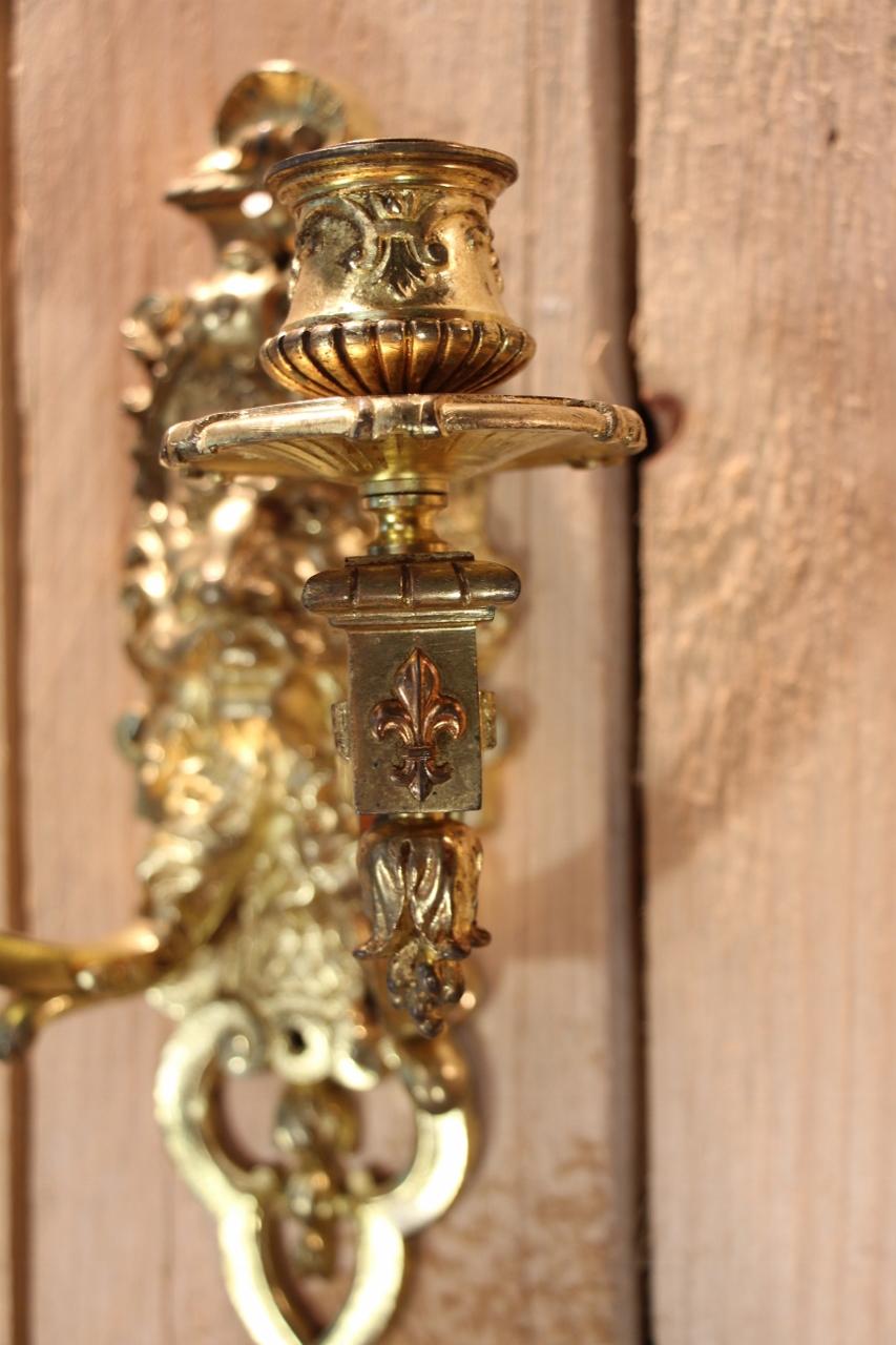 Pair Of Gilt Bronze Wall Lights Signed By Etienne Giraud In Lyon For Sale 3