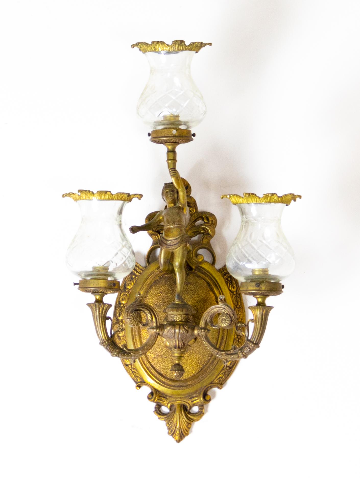 Pair Of Gilt Bronze Glass Wall Light Sconces, 1900s For Sale 3