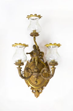 Pair Of Gilt Bronze Glass Wall Light Sconces, 1900s