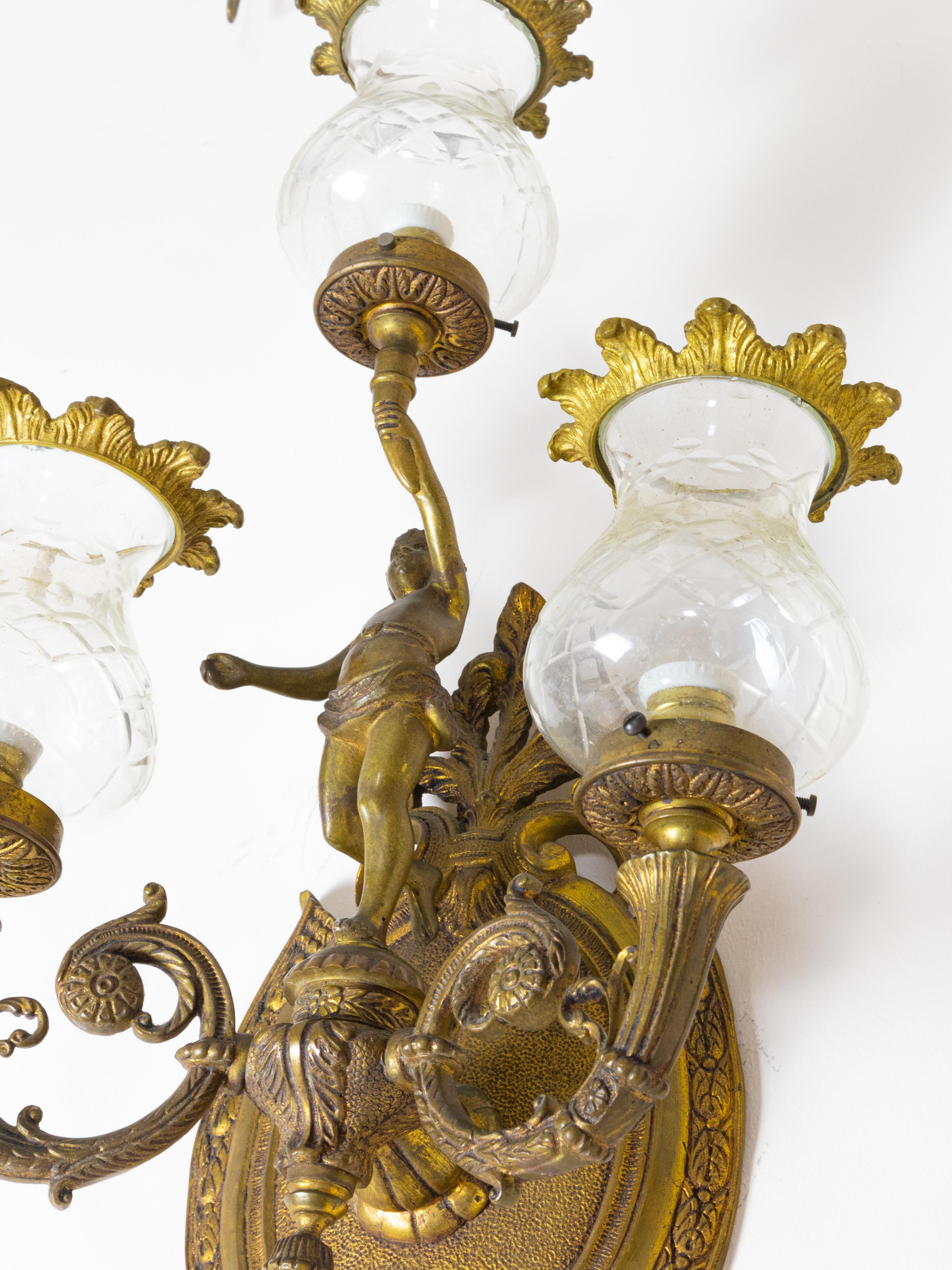 20th Century Pair Of Gilt Bronze Glass Wall Light Sconces, 1900s For Sale