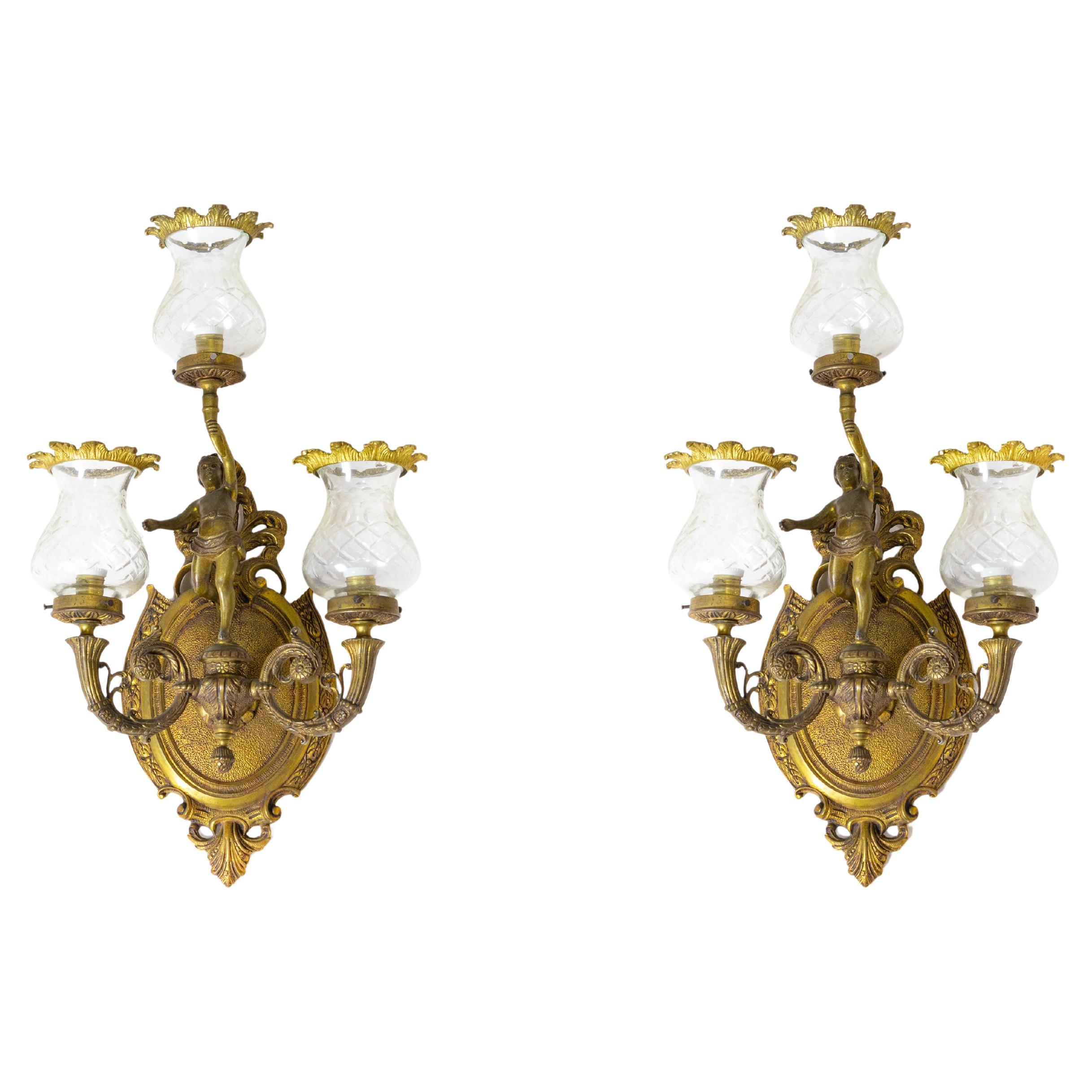 Pair Of Gilt Bronze Glass Wall Light Sconces, 1900s For Sale