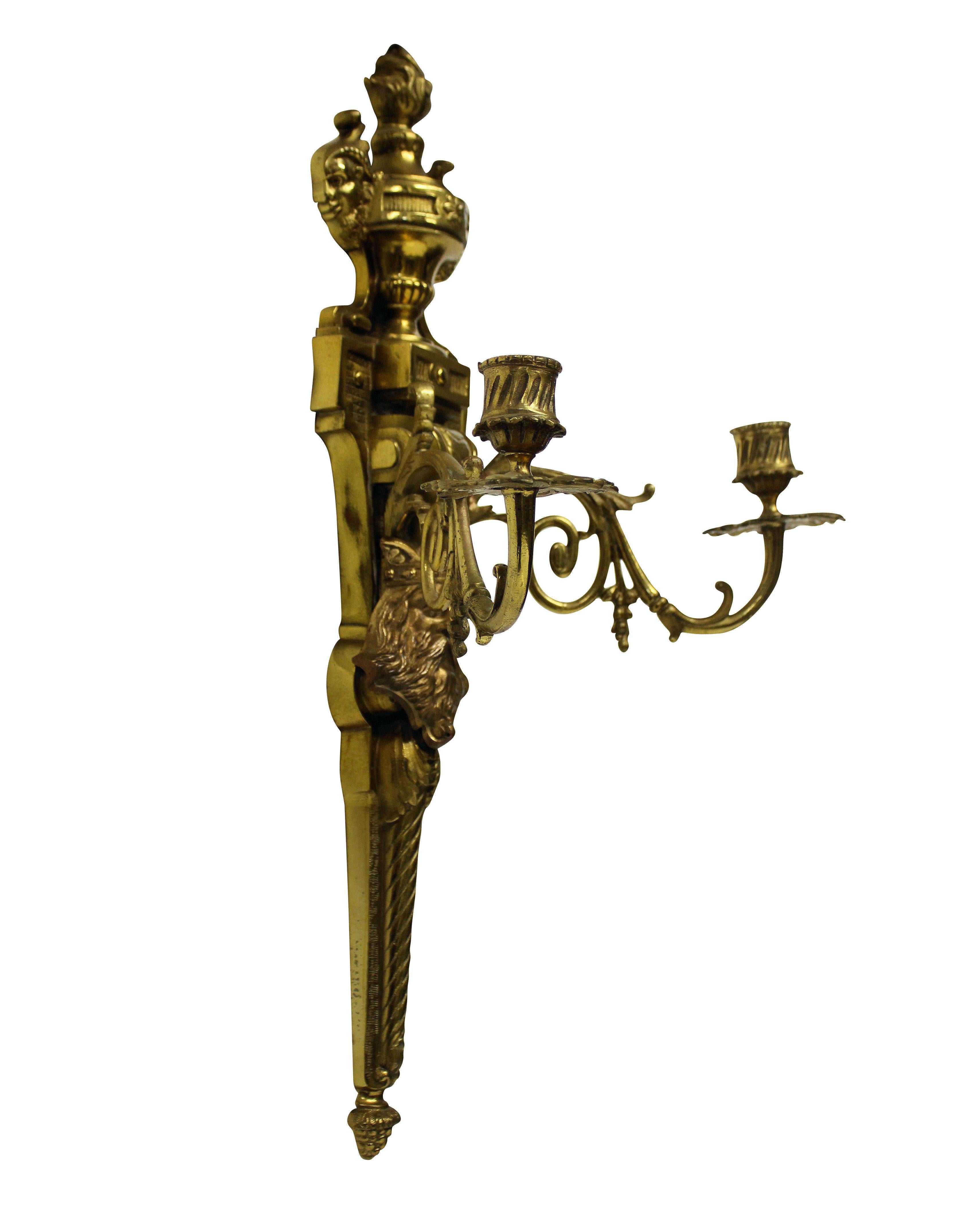 English Pair of Gilt Bronze Wall Sconces Depicting Kings