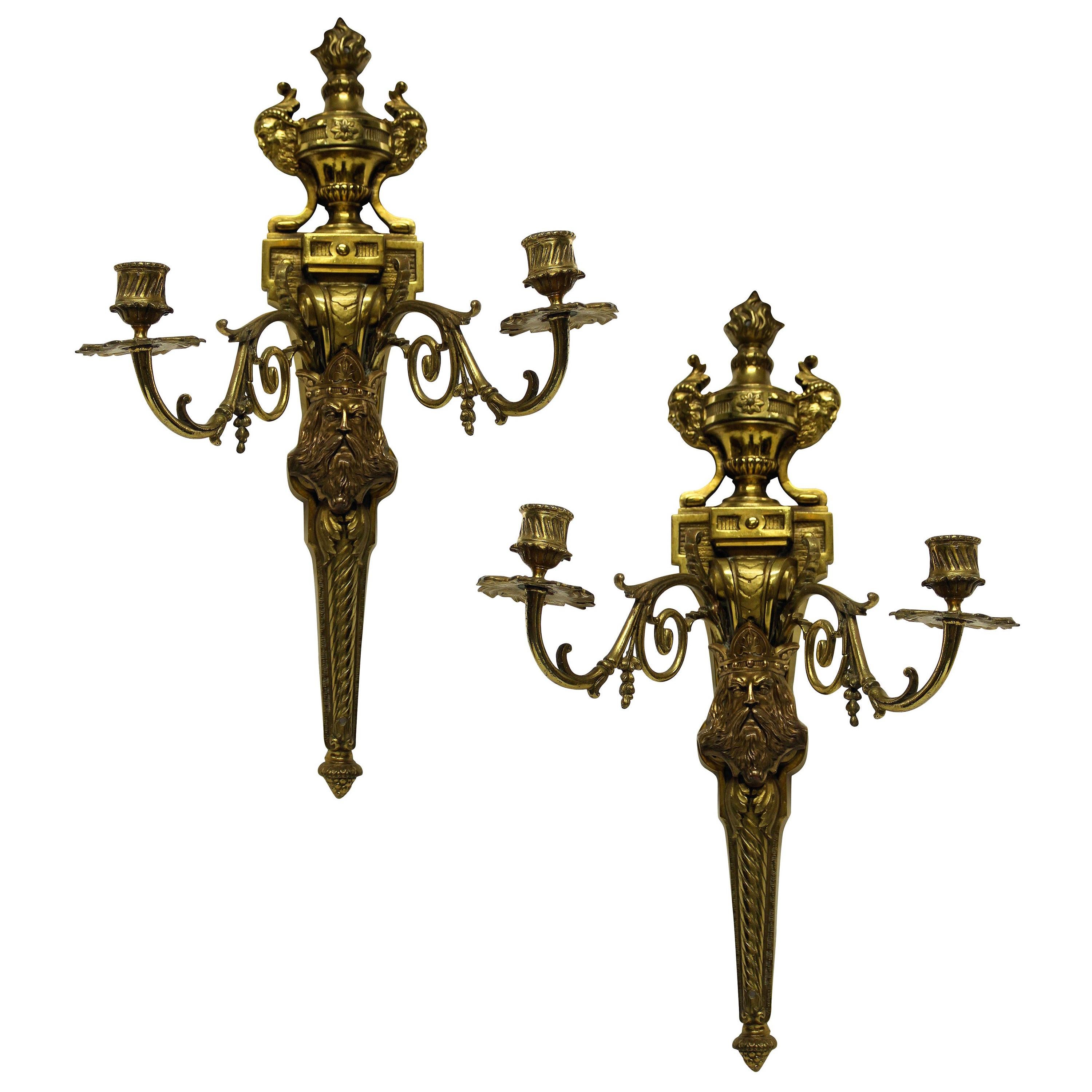 Pair of Gilt Bronze Wall Sconces Depicting Kings