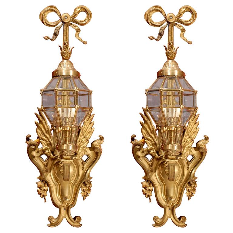 Pair of Gilt Bronzes Sconces with Lanterns