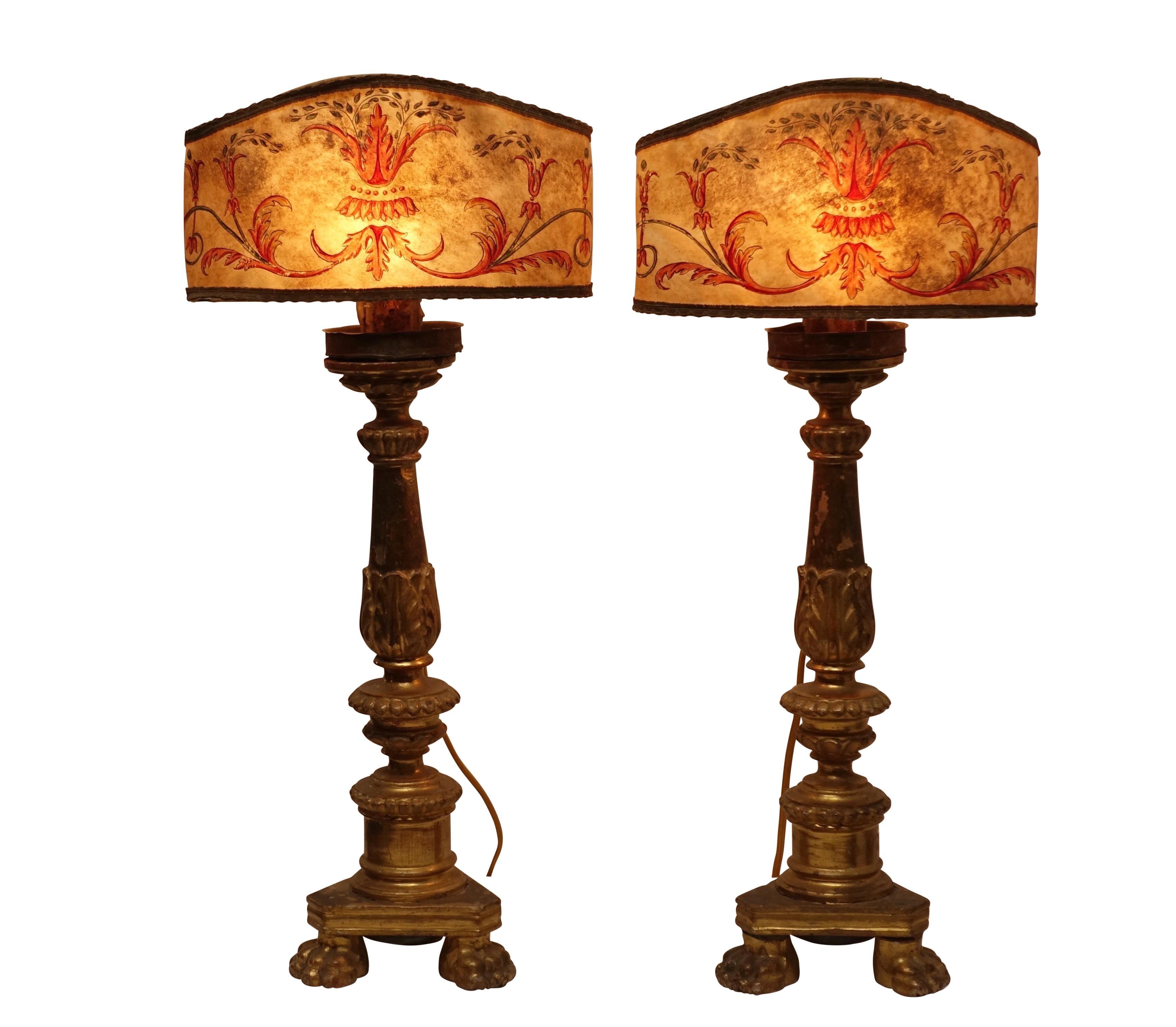 Pair of Gilt Candlestick Lamps with Parchment Shades, Italian, 18th Century 6