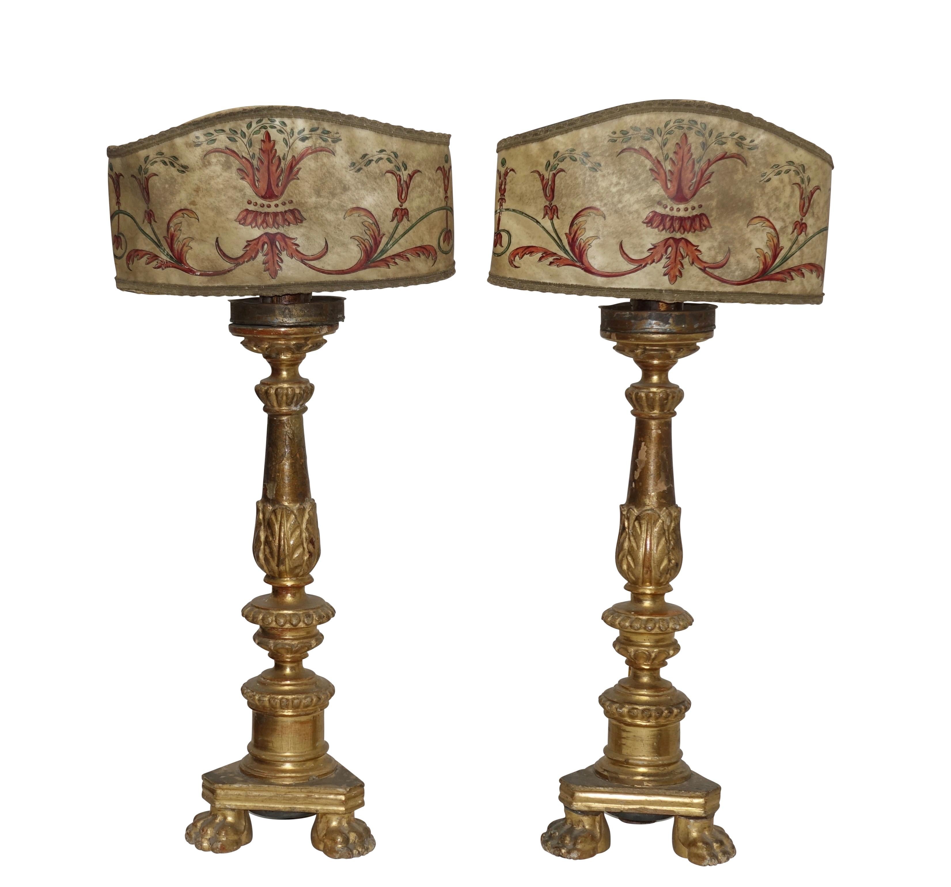 Carved Pair of Gilt Candlestick Lamps with Parchment Shades, Italian, 18th Century