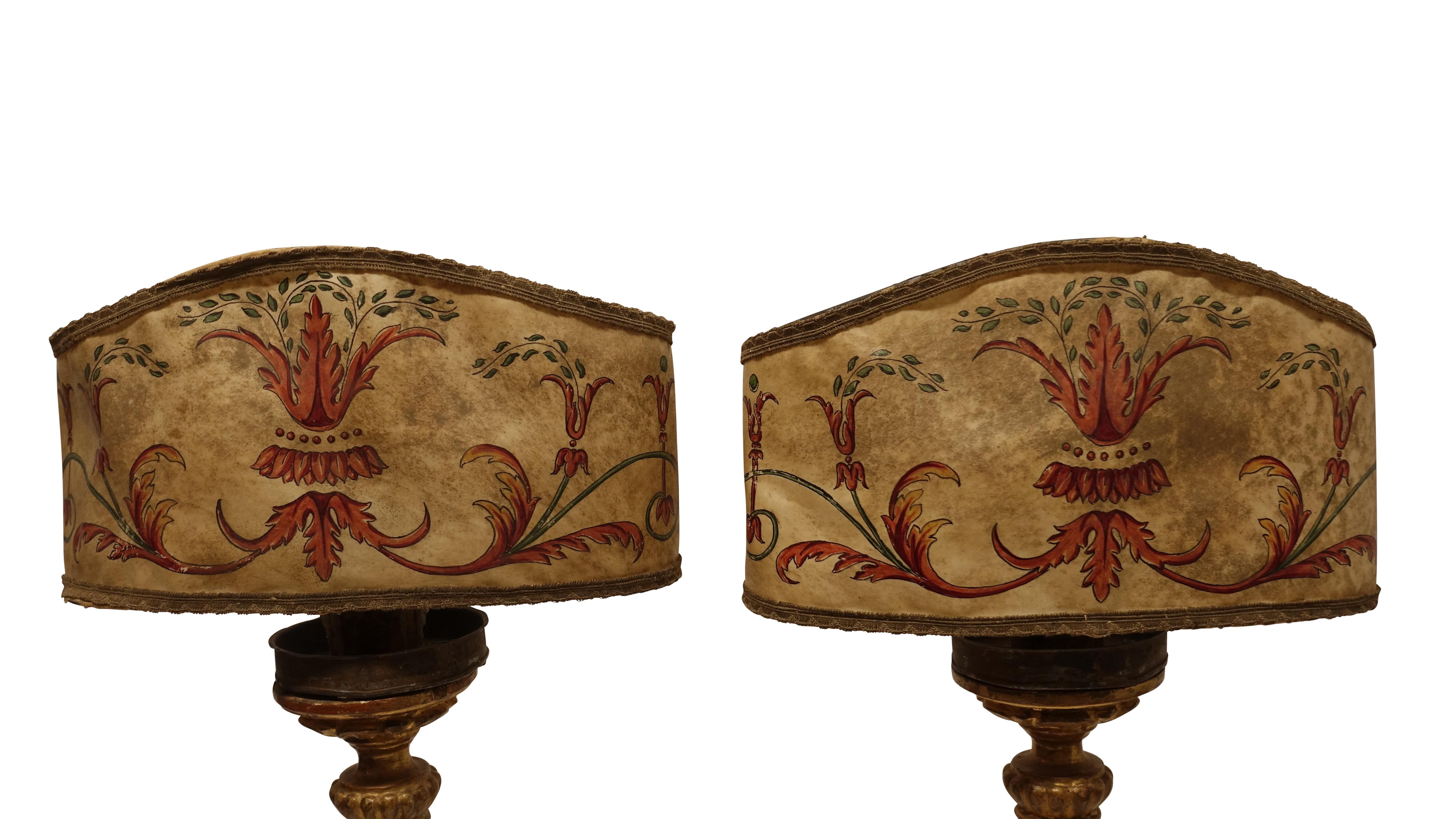 Pair of Gilt Candlestick Lamps with Parchment Shades, Italian, 18th Century In Good Condition In San Francisco, CA
