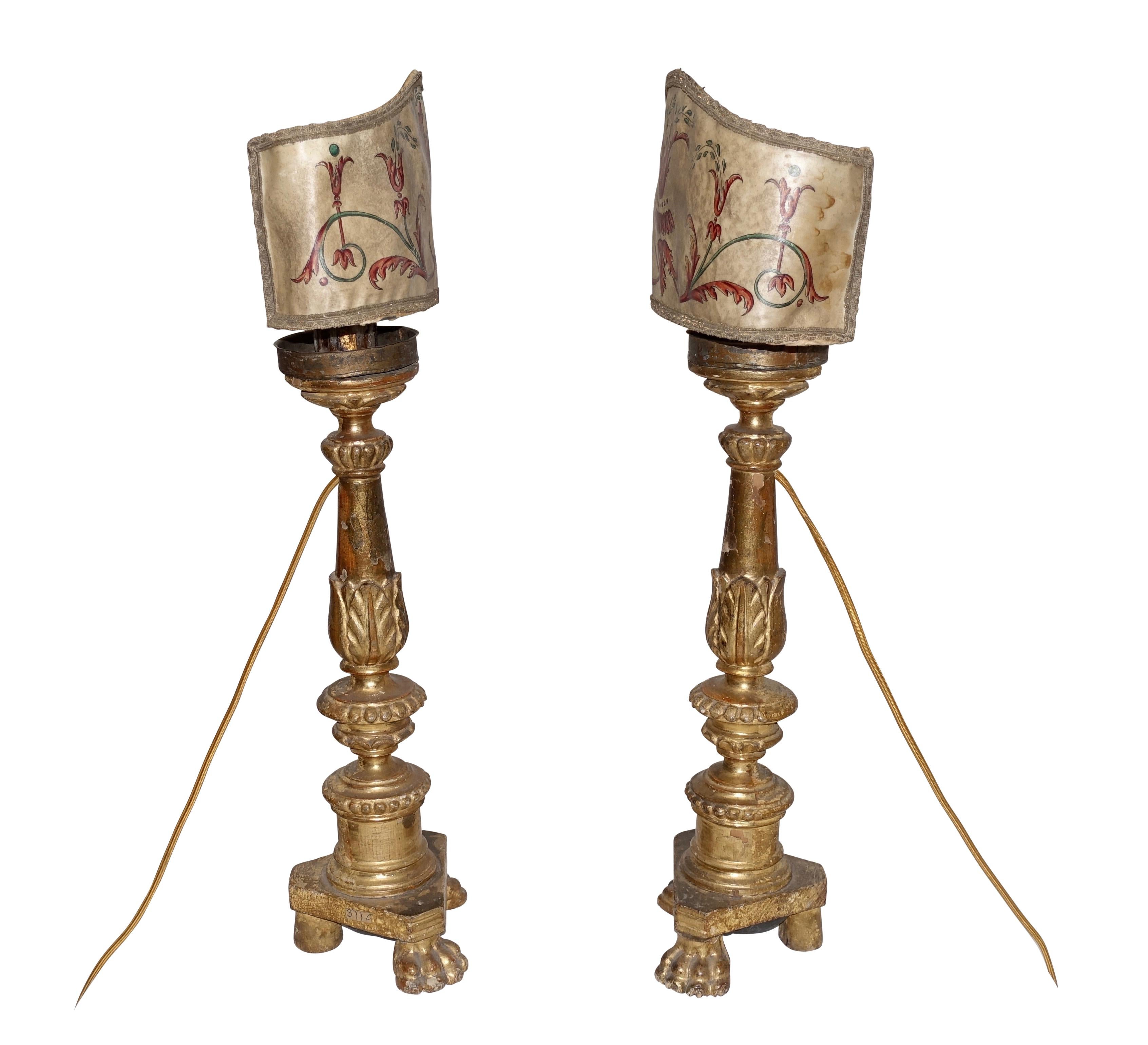 Pair of Gilt Candlestick Lamps with Parchment Shades, Italian, 18th Century 3