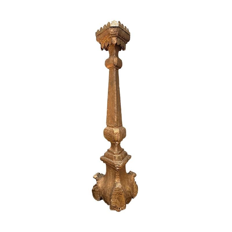 Beautiful 18th century gilded Italian candlestick prickets.  Used in a church during a time when candlelight was the only form of illumination, the backs are still modified to push against an alter table and have wonderful character and history. 