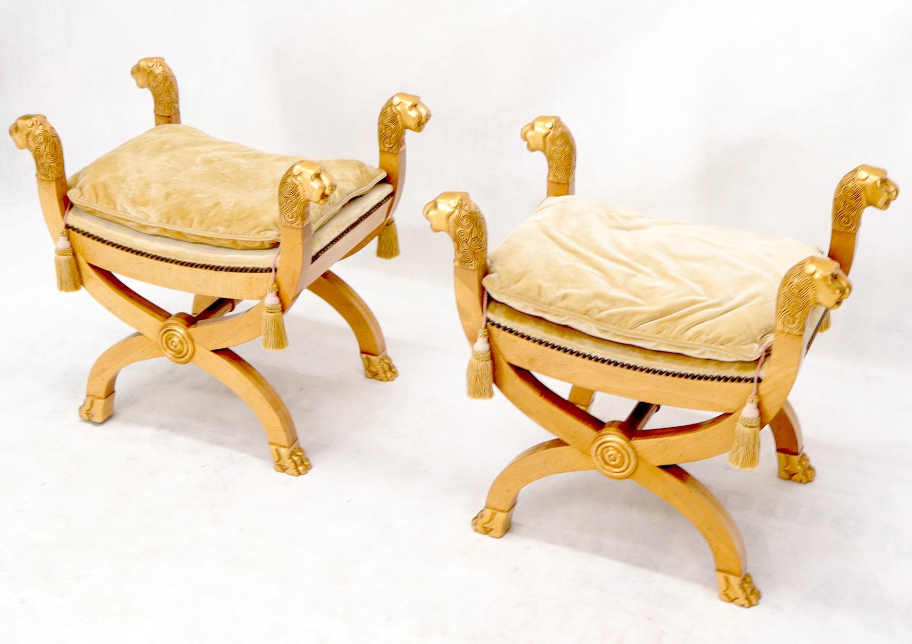 Mid-Century Modern Pair of Gilt Carved Wood X-Bases Benches with Lion Head Finials
