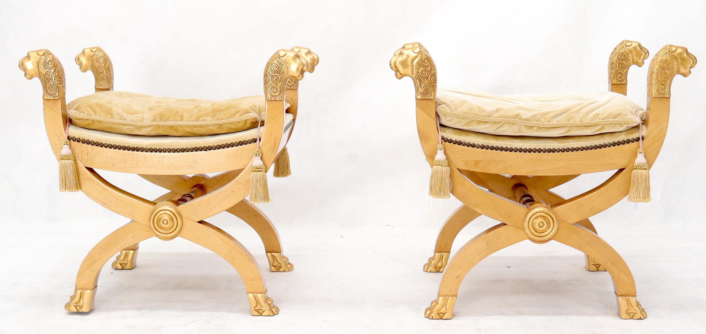 American Pair of Gilt Carved Wood X-Bases Benches with Lion Head Finials