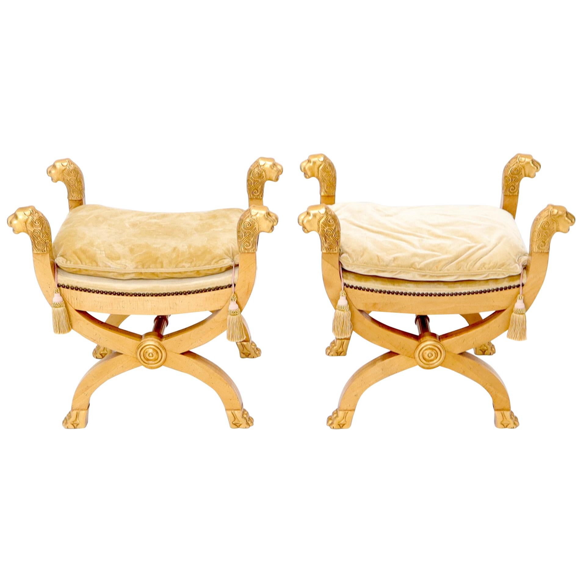 Pair of Gilt Carved Wood X-Bases Benches with Lion Head Finials