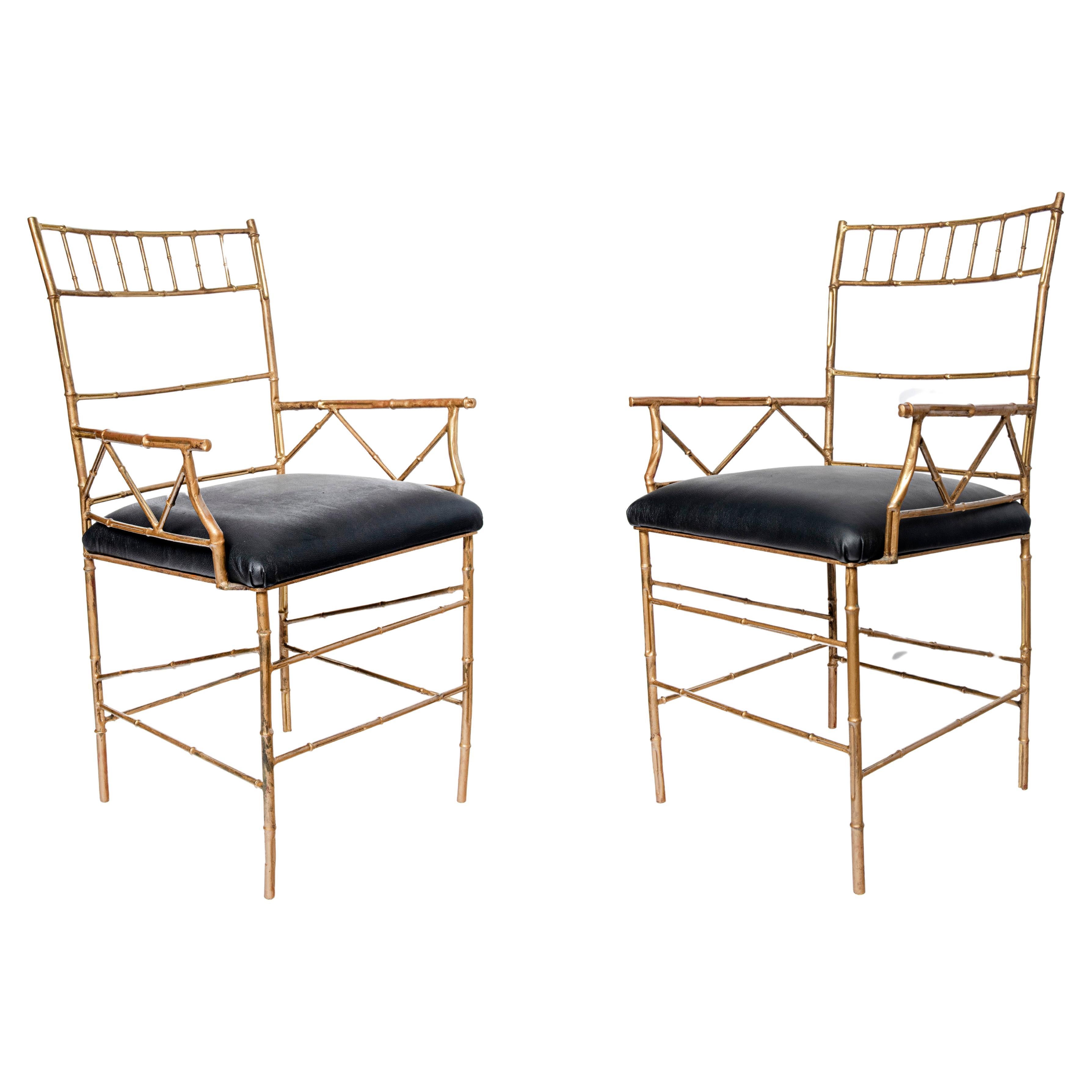 Pair of gilt cast iron and leather armchairs. Italy, circa 1950. For Sale
