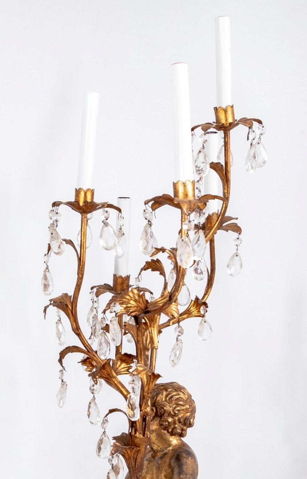 Neoclassical Pair of Gilt Composition Cherub Five Branch Lamps For Sale