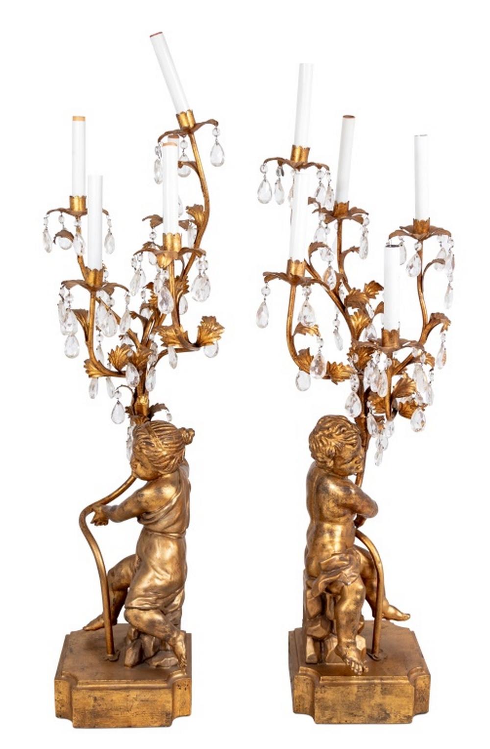 European Pair of Gilt Composition Cherub Five Branch Lamps For Sale