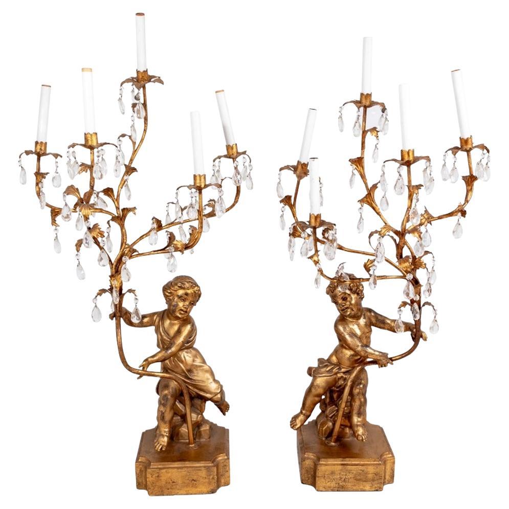 Pair of Gilt Composition Cherub Five Branch Lamps