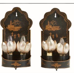 Pair of Gilt Decorated Tole Two Light Sconces, Early 20th Century