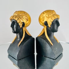 Pair of Gilt Empire Bookend Busts of Greco Roman Woman, Italy, c. 1930's