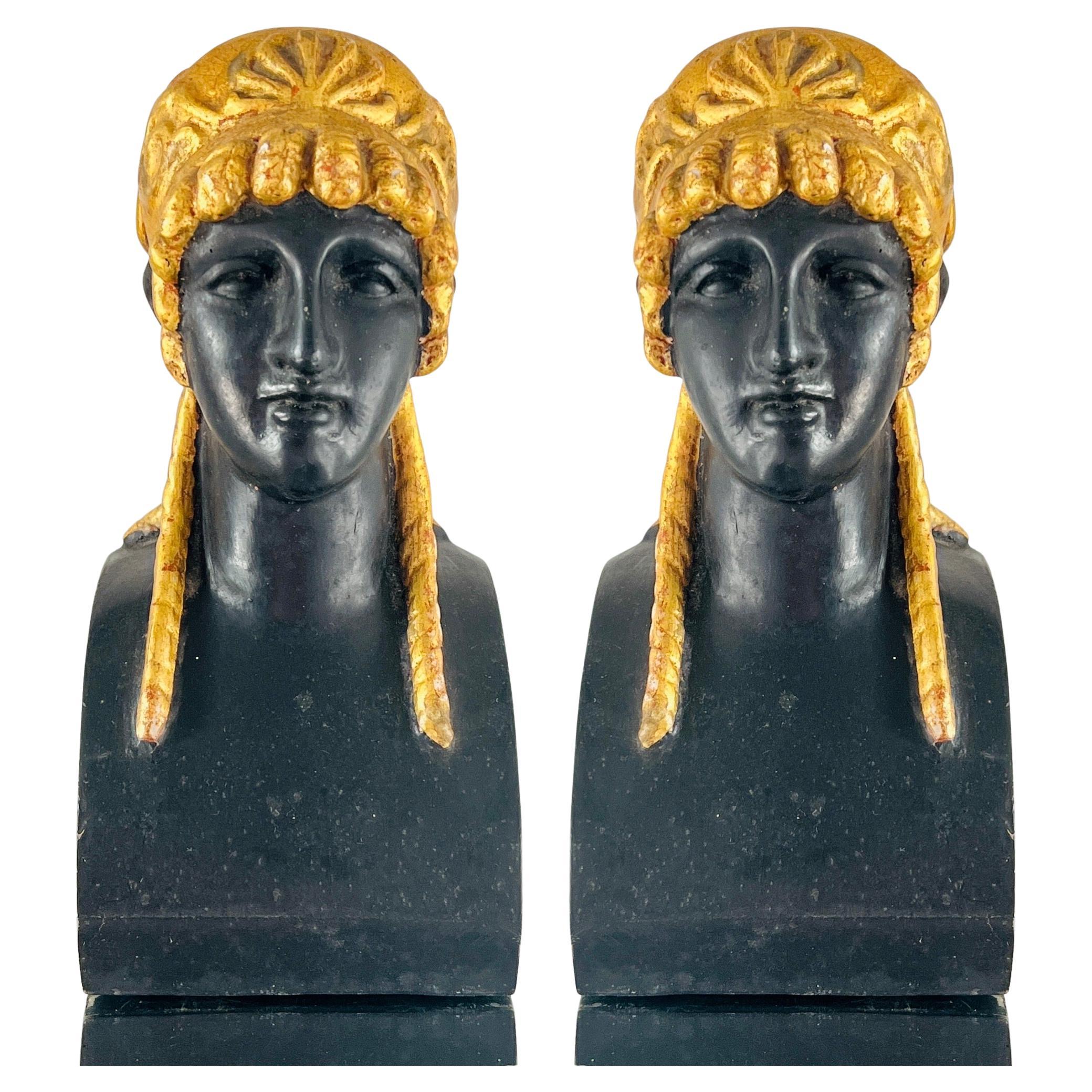 Pair of Gilt Empire Bookend Busts of Greco Roman Woman, Italy, c. 1930's