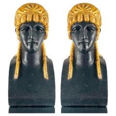 Paar vergoldete Empire-Buchstützenbüsten einer griechisch-römischen Frau, Italien, ca. 1930er Jahre